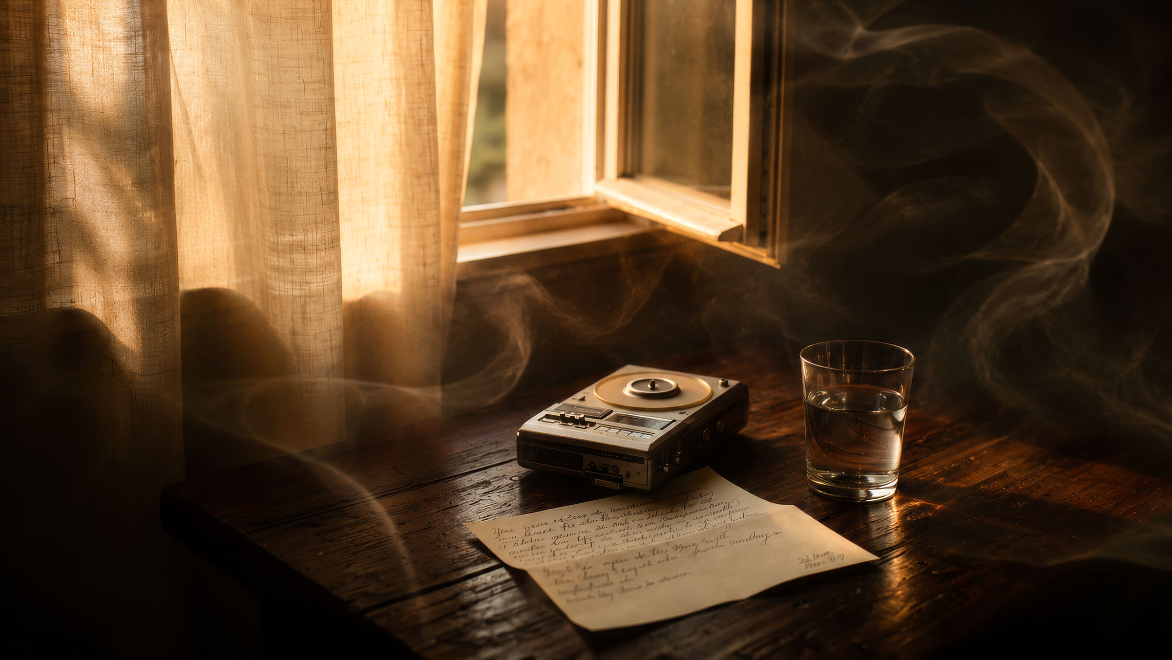 Warm afternoon light through linen curtains beside an open window, with a vintage audio recorder, handwritten letter, and glass of water on a dark wooden table.